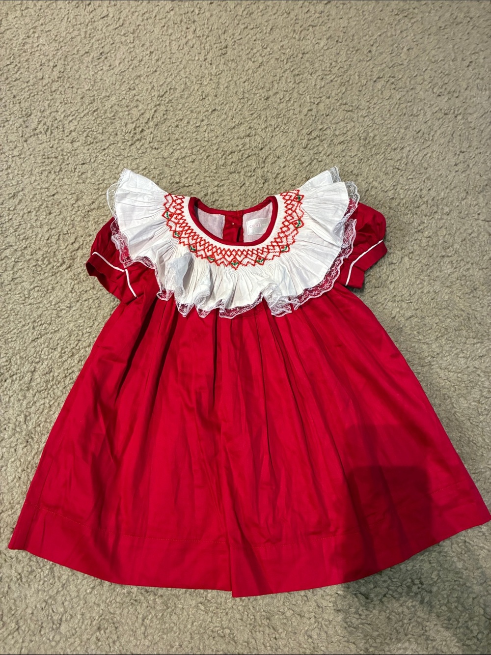 18M Smocked Red Dress with Embroidered White Ruffle Collar